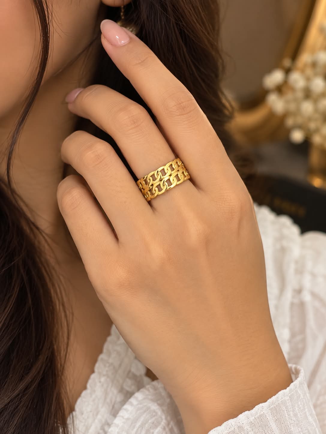 Anti-Tarnish Golden Double-Layer Chain Design Ring