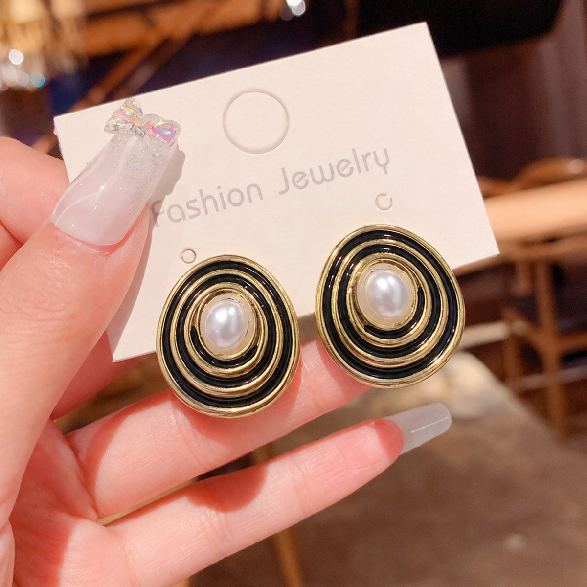 Black Enamel Pearl Clip On Earrings