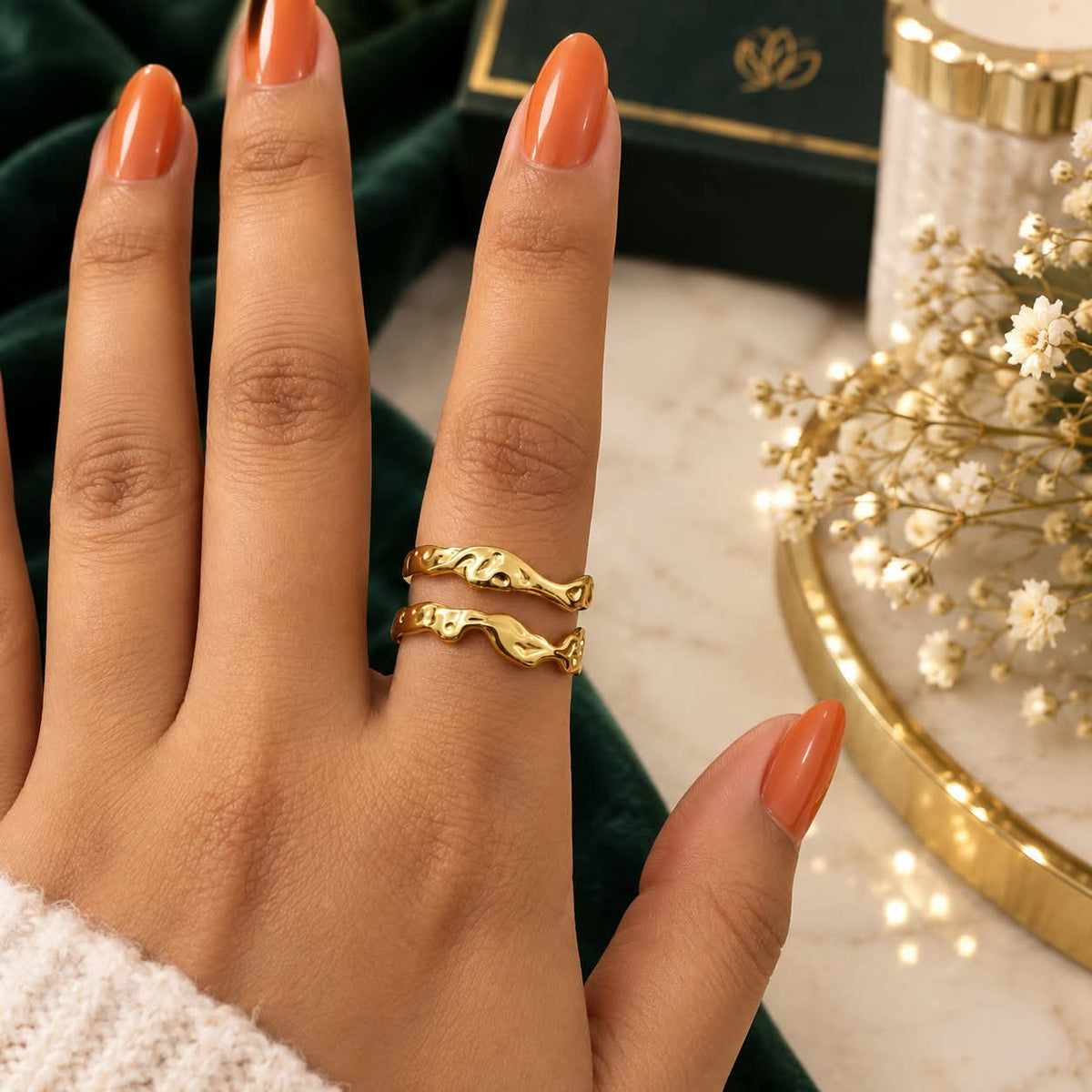 Anti-Tarnish Golden Molten Double Band Adjustable Ring