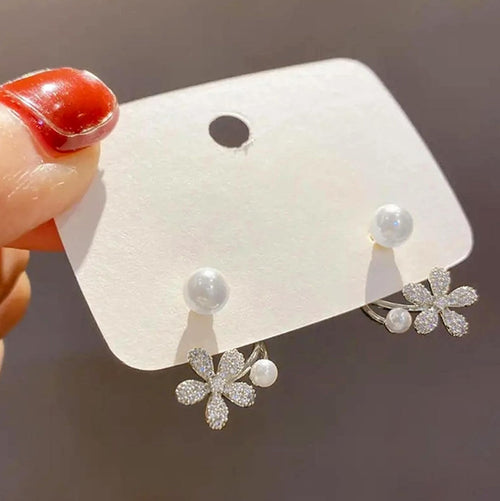 2in1 silver-toned floral design ear jacket pearl earring