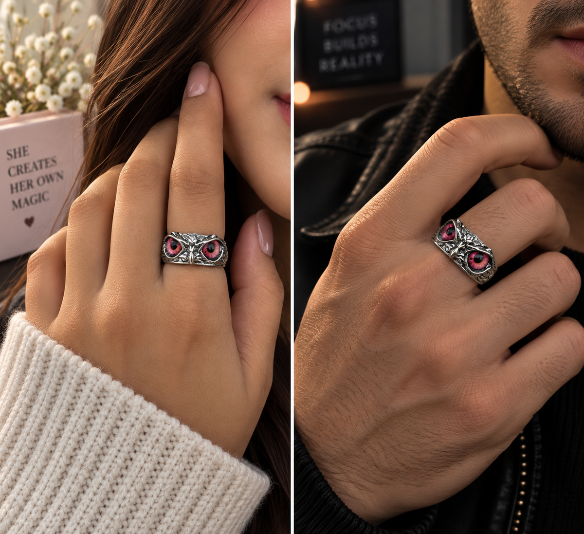 2-in-1 Unisex pink Owl Eye Ring – For Men & Women