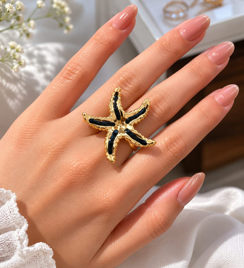 Anti tarnish Black Enamel Starfish Statement Ring